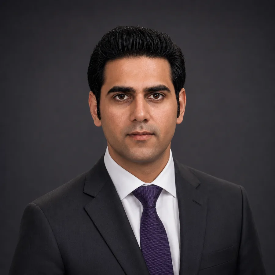 Portrait of Sarosh Hussain in a charcoal suit, white shirt, and purple tie against a charcoal studio background