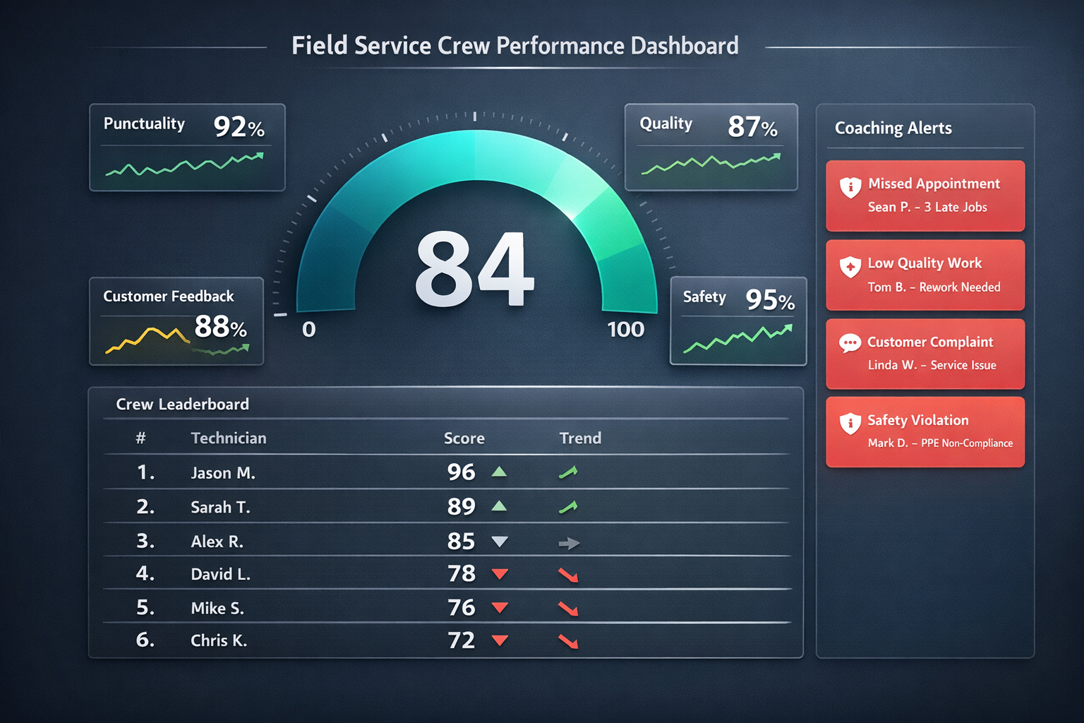 CrewScore AI-generated field service dashboard showing team scorecards, shift metrics, and coaching alerts