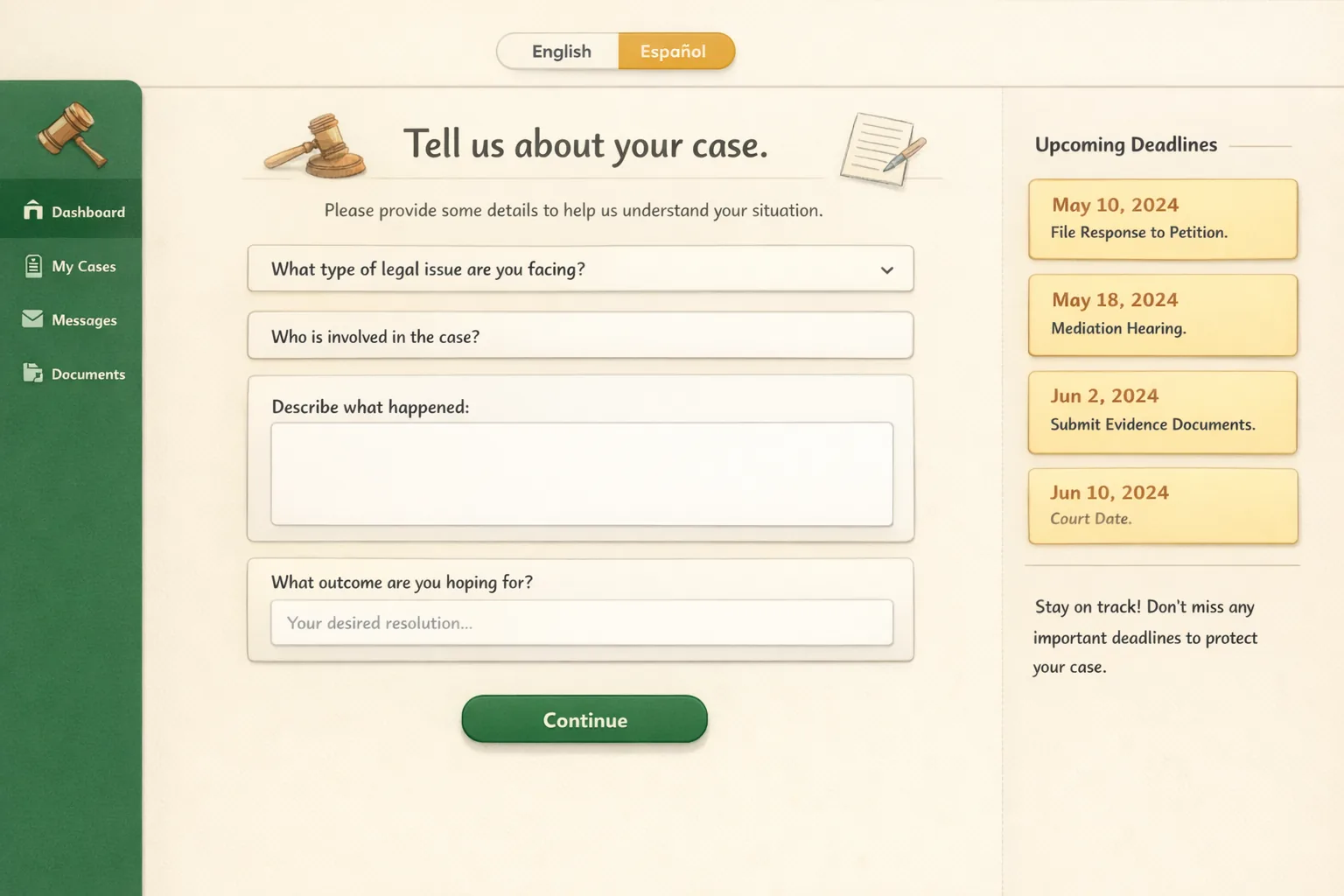 Lawli AI-generated product screenshot showing matter intake, deadline rail, and bilingual legal workflow interface