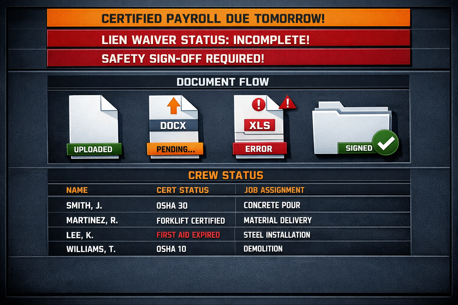 SubOps AI-generated product screenshot showing compliance tasks, document flow, and construction crew coordination dashboard