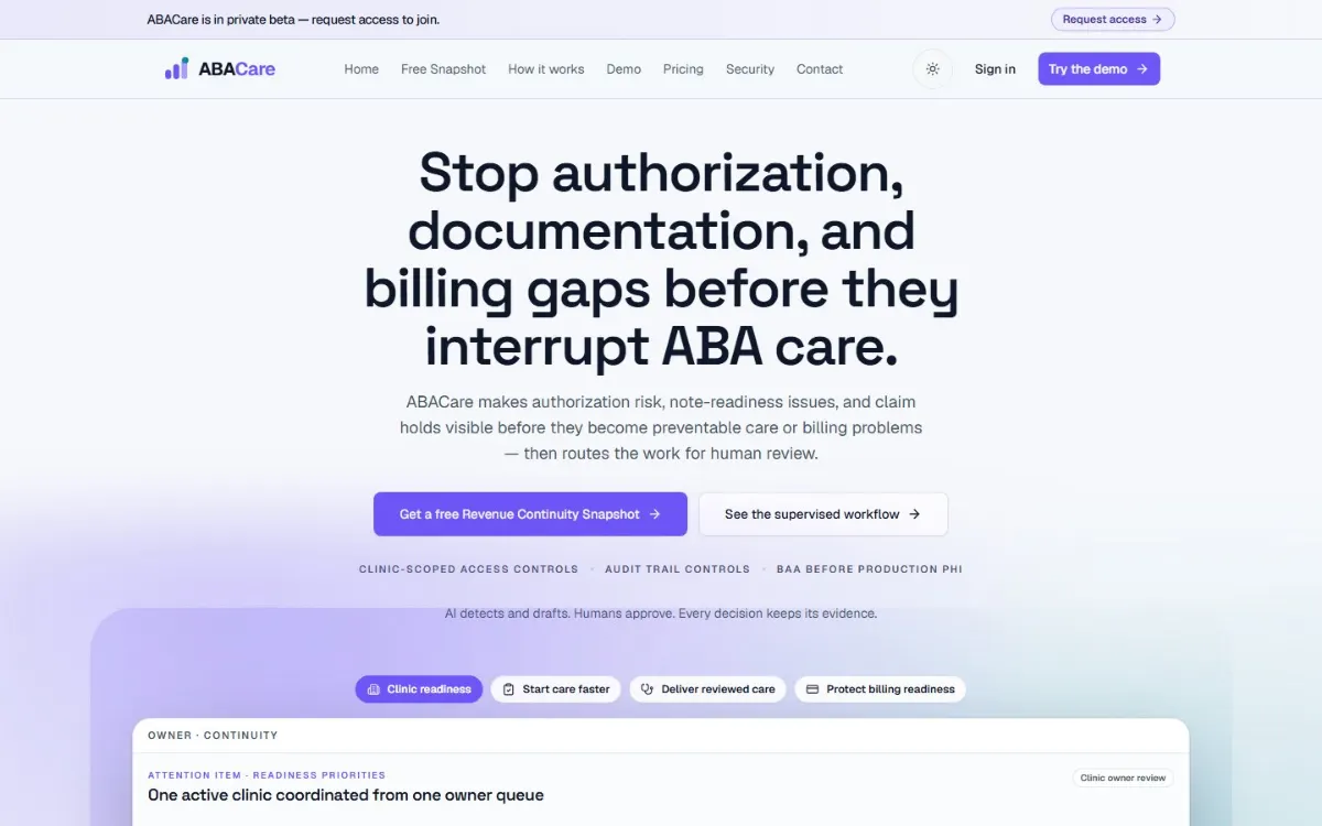 ABACare public landing page introducing authorization, documentation, and billing workflow support
