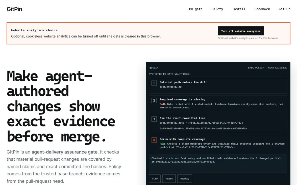 GitPin public project page introducing delivery assurance for AI coding agents
