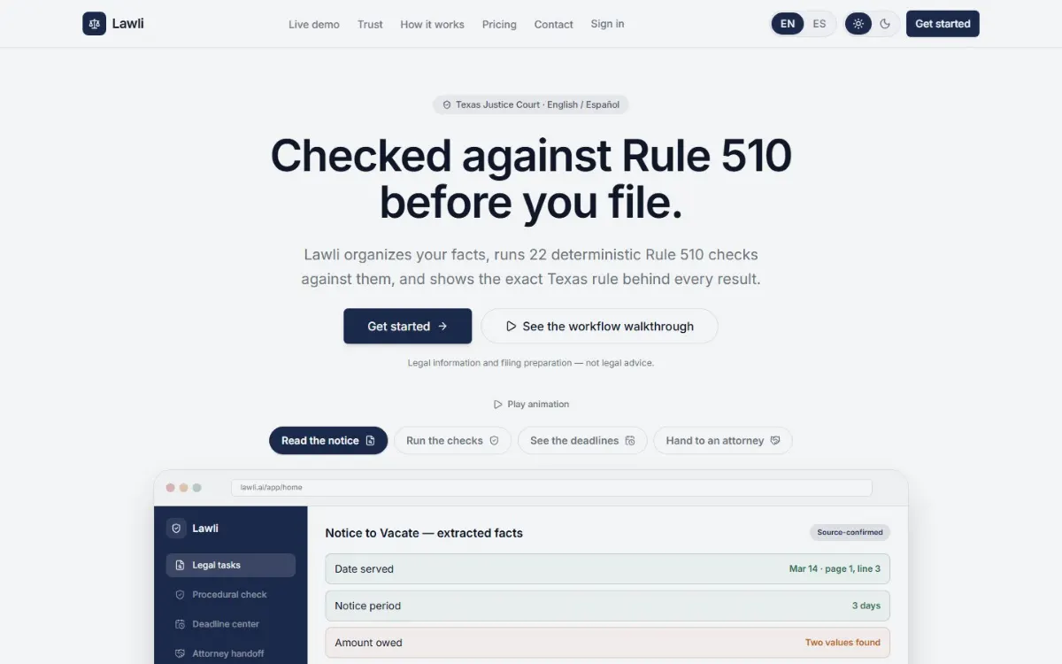 Lawli public landing page introducing checked Texas Justice Court filing workflows