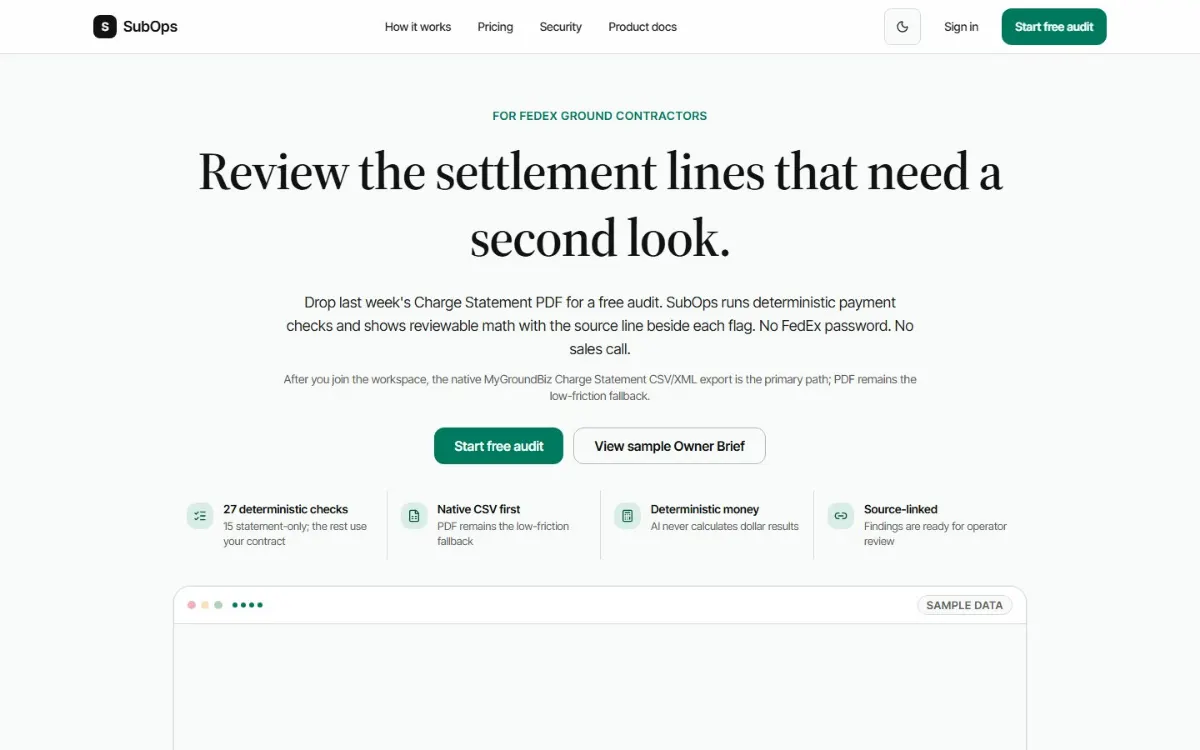 SubOps public landing page introducing settlement review for FedEx contractors